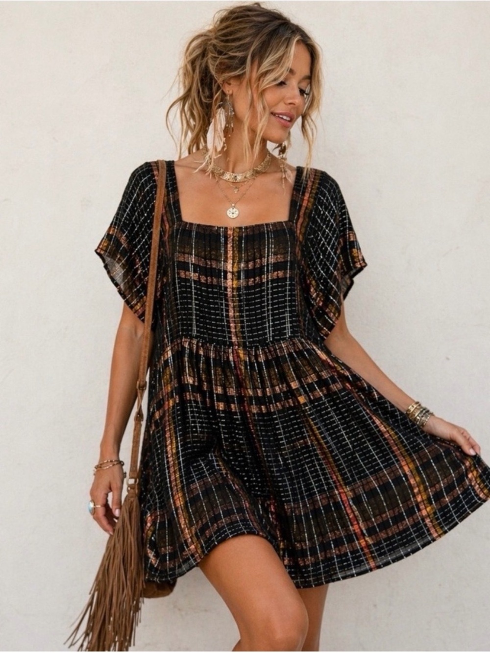 Free People Barcelona Shimmer Plaid Mini Dress